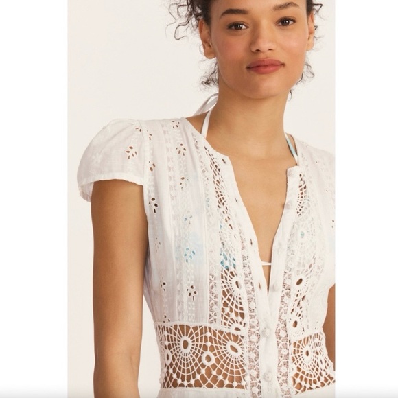 $575 LoveShackFancy Tussan White Crochet Lace Button Down Midi Dress Size 2 - Picture 3 of 16